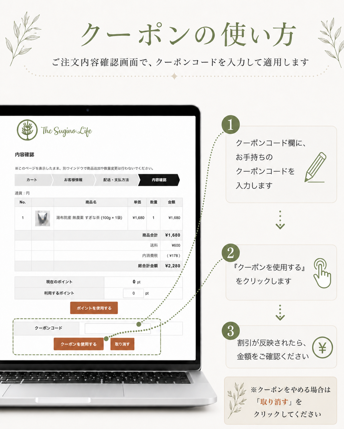 パソコンでのクーポンの使い方。注文内容確認画面でクーポンコードを入力し、クーポンを使用するをクリックして、割引後の金額を確認します。